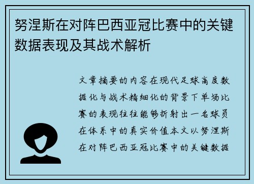 努涅斯在对阵巴西亚冠比赛中的关键数据表现及其战术解析